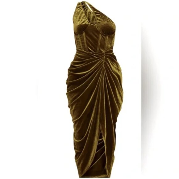 PrettyLittleThing Olive Green Velvet One Shoulder Corset Midi Dress Size… - Picture 2 of 7